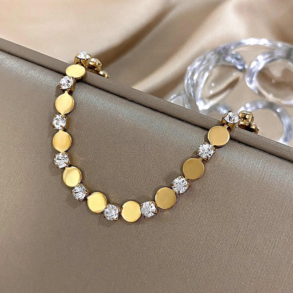 Greatera Women\'s Cubic Zircon Filled Bangle Gold Color Round Geometry Stainless Steel Simpl Bead Spacing Drill Bracelet Jewelry
