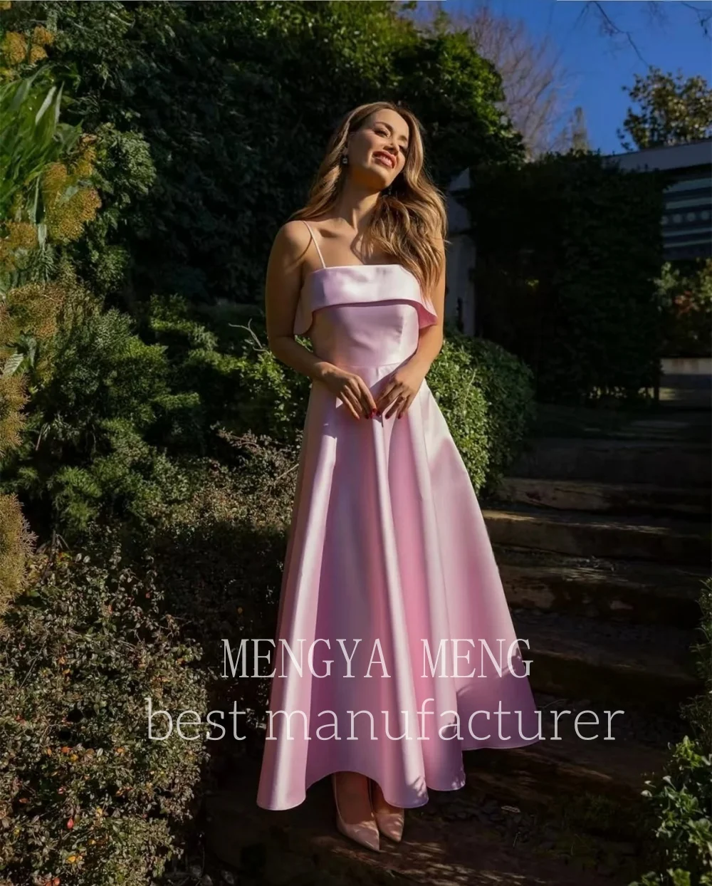 ZHUISHU  Elegant Simple A-line Black Spaghetti Strap Satin Prom Dress Ankle Length Formal Party Evening Gown High End Customized