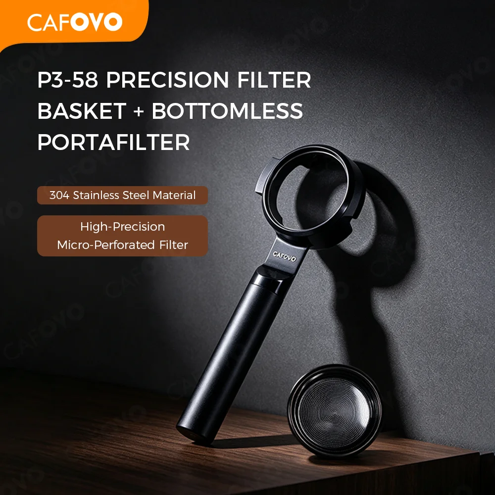 CAFOVO P3-58 Bottomless Portafilter 58mm Pure Titanium Precision Basket 1850 Precision Holes 0.2mm Anodized for Espresso
