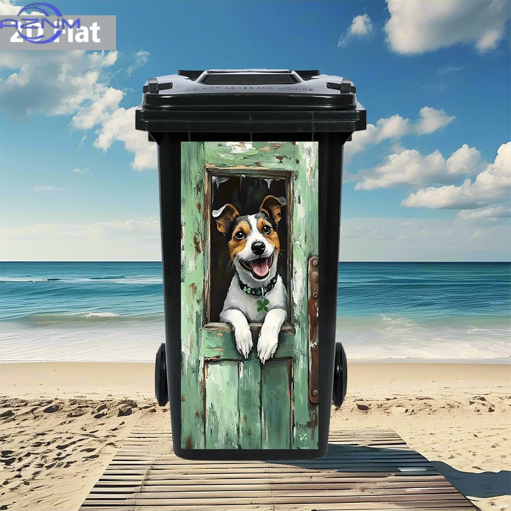 2D Flat Happy Dog on Door PVC Trash Can Sticker, Waterproof & Removable, Perfect for Rustic Wall Decor, Home Pet Decor, DIY Ch