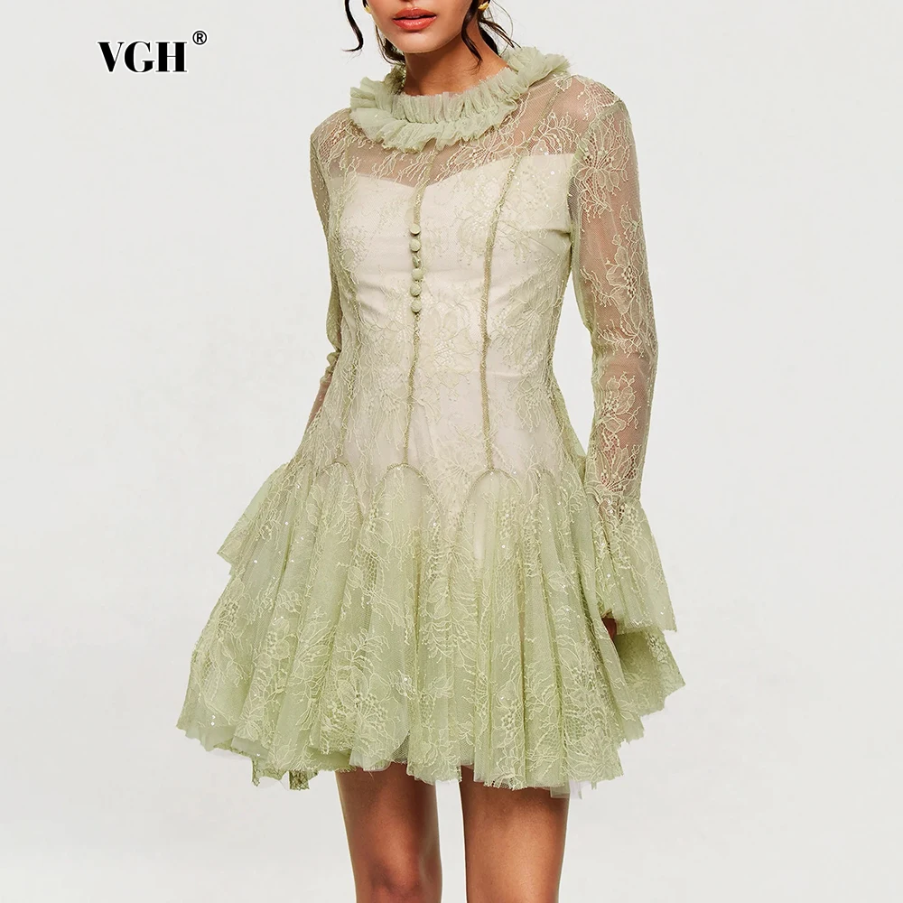 VGH Luxury Celemony Patchwork เย็บปักถักร้อย Tutu ชุดผู้หญิง O คอ Ruffles แขนยาวเอว Spliced SHEER ตาข่ายชุดหญิง