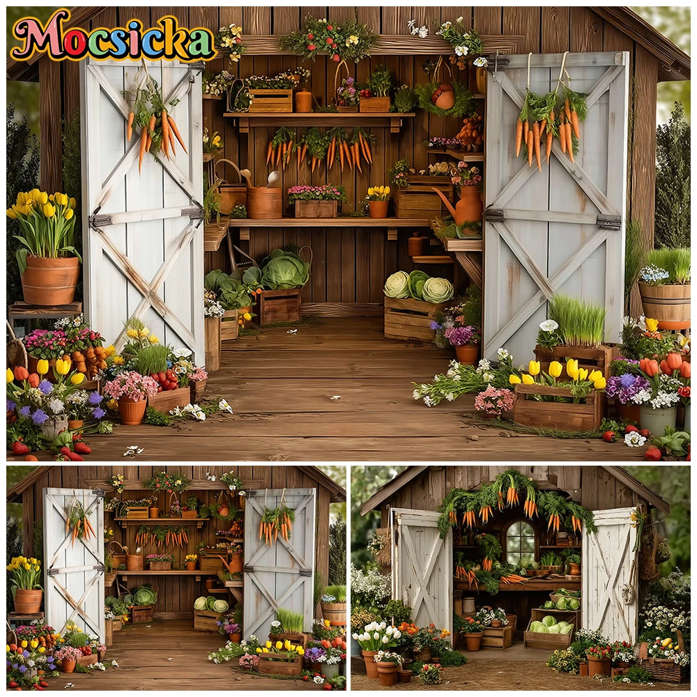

Mocsicka Background Photography Shooting Props Birthday Party Spring Wooden House Vegetables Carrots Flower Decor Photo Backdrop