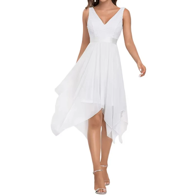 

2025 New Women's White Prom Dresses Deep V Neck A Line Sleeveless Floral Lace Party Dress Vintage Chiffon Evening Dresses Woman