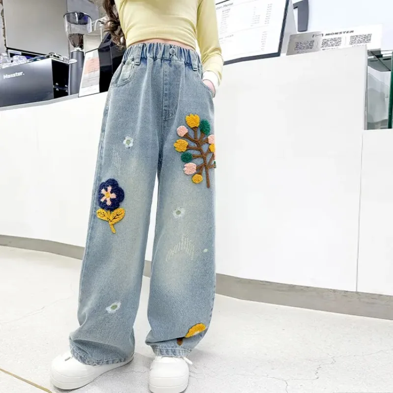 

Новые весенне-осенние свободные широкие джинсы для девочек для больших детей — стильные повседневные длинные брюки с высокой талией для детей