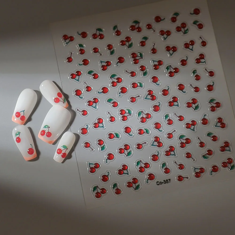 젤리 네일 스티커 텍스처 레드 체리 3D 릴리프 스티커 네일 DIY 스윗 네일 아트 프렌치 스티커 접착 매니큐어 데칼