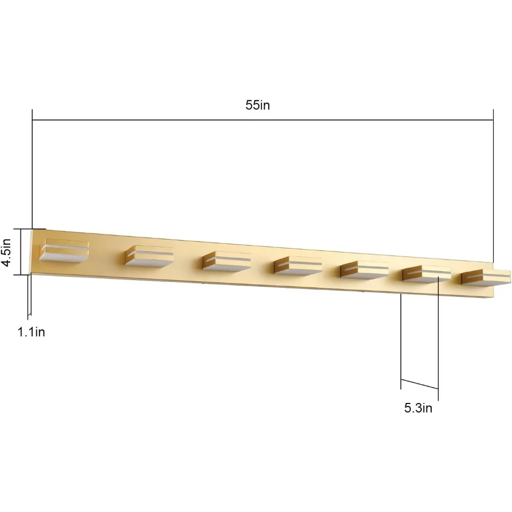 Lámpara LED moderna para tocador de baño (7 luces, 55 pulgadas), lámpara de espejo de pared de baño acrílica moderna dorada