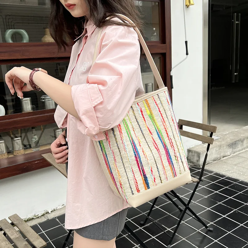 2023 Velvet Rainbow Women Totes Large Capacity Canvas Bucket Luxury Summer New Trendy Original Designer Contrast Color Bags