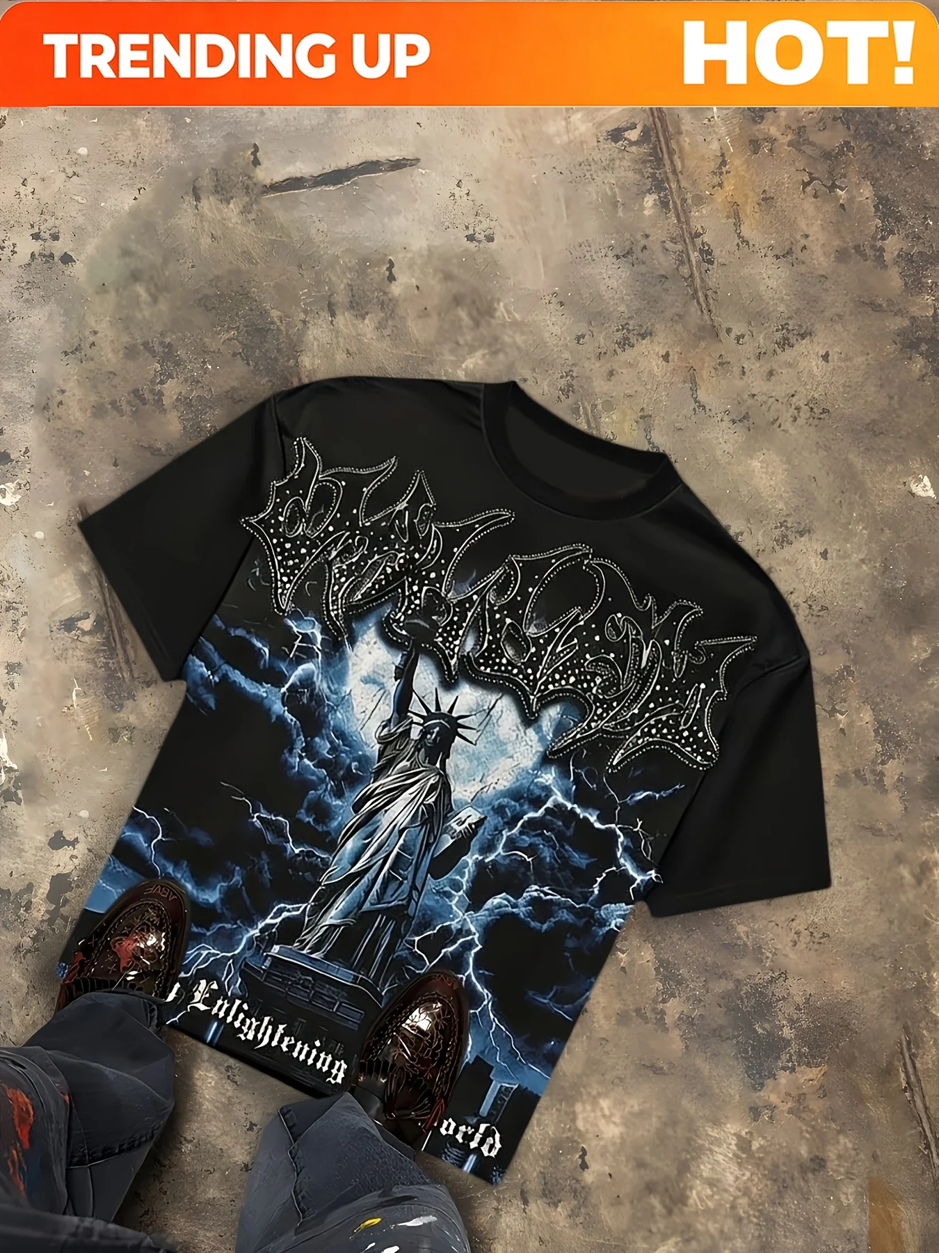Statue of Liberty with Lightning Y2K Gothic Graphic T-Shirt | Oversized Streetwear Tee, Men'S 100% Fabric, Crew Neck, Short Slee
