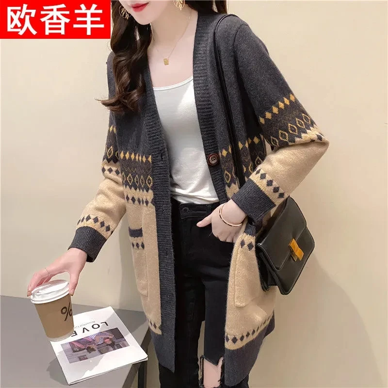 Mid-long Knitting Cardigan For Women Spring And Autumn 2022 new Korean Version Loose And Sweater Coat Print Jacket Pocket Coat