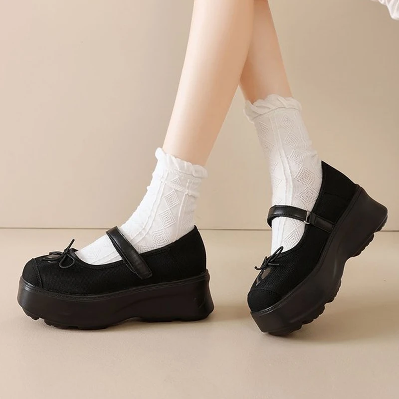 

Элегантные женские туфли Мэри Джейн на высоком каблуке с квадратным носком и бантом, модные женские туфли на танкетке на платформе и липучке, туфли на толстой подошве