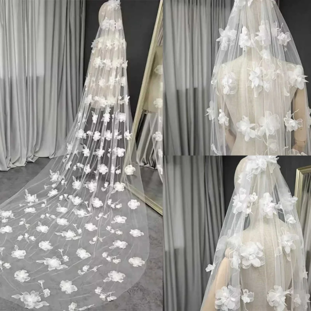 

Fashion 3D Floral Appliques Wedding Bridal Veil 3 Meters Cathedral Bridal Veil with Comb Bride Headpiece Accessories