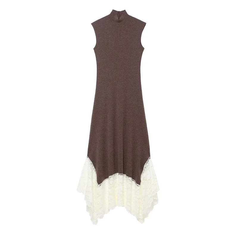 2025, europäischer und amerikanischer Stil, Damenbekleidung, Spitzenspleißstrick, schmale Passform, langes, ärmelloses, elegantes Kleid