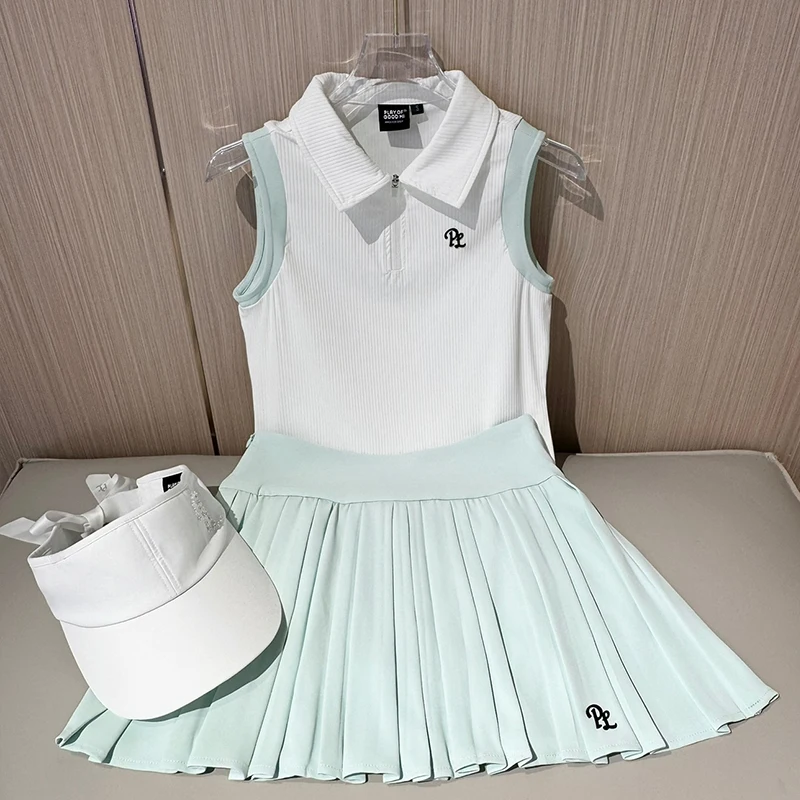 PL Golf Women Clothing Sleeveless Summer Polo Shirt Zipper Collar Slim Tops Ladies A-lined Pleated Golf Skirts with Inner Short
