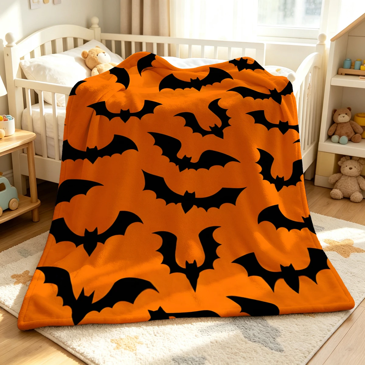 Orange Bat Pack Flannel Blanket Warm Soft Halloween Christmas Decorative Couch Warm Cozy All-Season Gift
