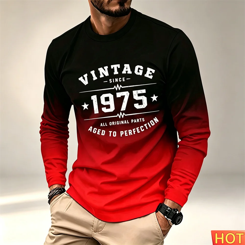 New Autumn and Winter Men's Long sleeved T-shirt Cotton Comfortable Round Neck T-shirt Gradient Fashion Men's Sports T-shirt top