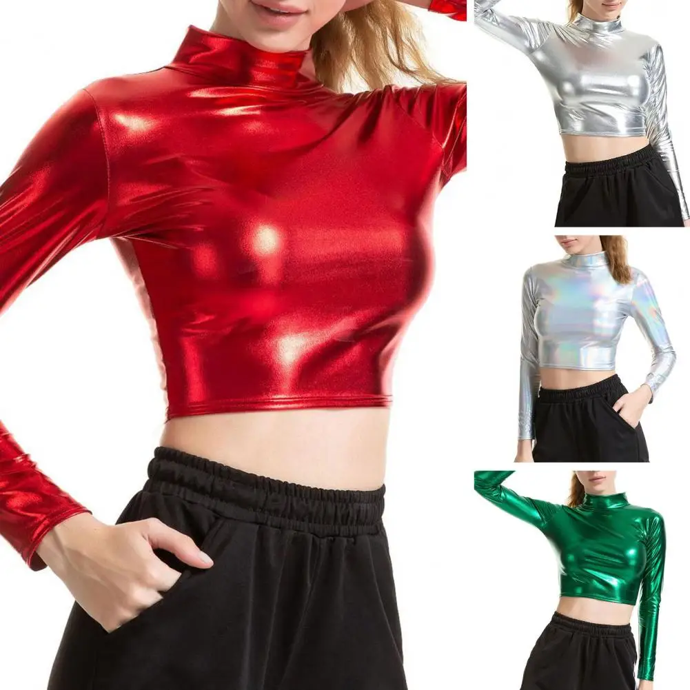 Glossy T-shrit Stylish Half-high Collar Glossy Crop Top for Women Solid Color Pullover with Skinny Waist-exposed Design for Lady