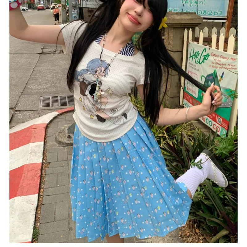 الصيف الضوء الأزرق الحيوان طباعة البولكا نقطة المرأة متوسطة طويلة مطوي تنورة اليابانية الحلو تنوعا الحد من العمر التنانير السيدات