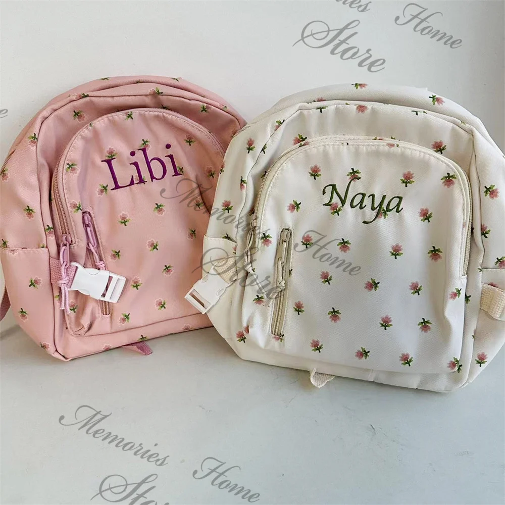 Mini Mochila Floral para Meninas, Mochila Escolar com Nome Personalizado, Rosa, Preto, Nome Bordado, Viagem de Saída, Mochilas para Presente, Novo