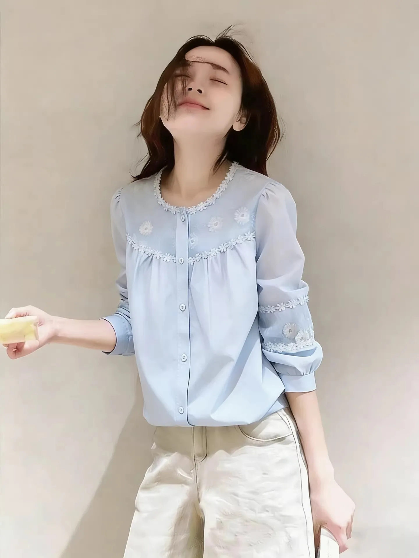 

Elegant Color Lace Trim Embroidered round Neck Shirt Women's Spring 2026 New Design Sensation Small Audience Top