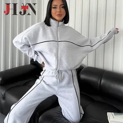 JHJN Women New Two Piece Sets Autumn Long Sleeve Sweatshirts Casual Sweatpants Sports Loose Zipper Cardigan Comfort Pants Suit