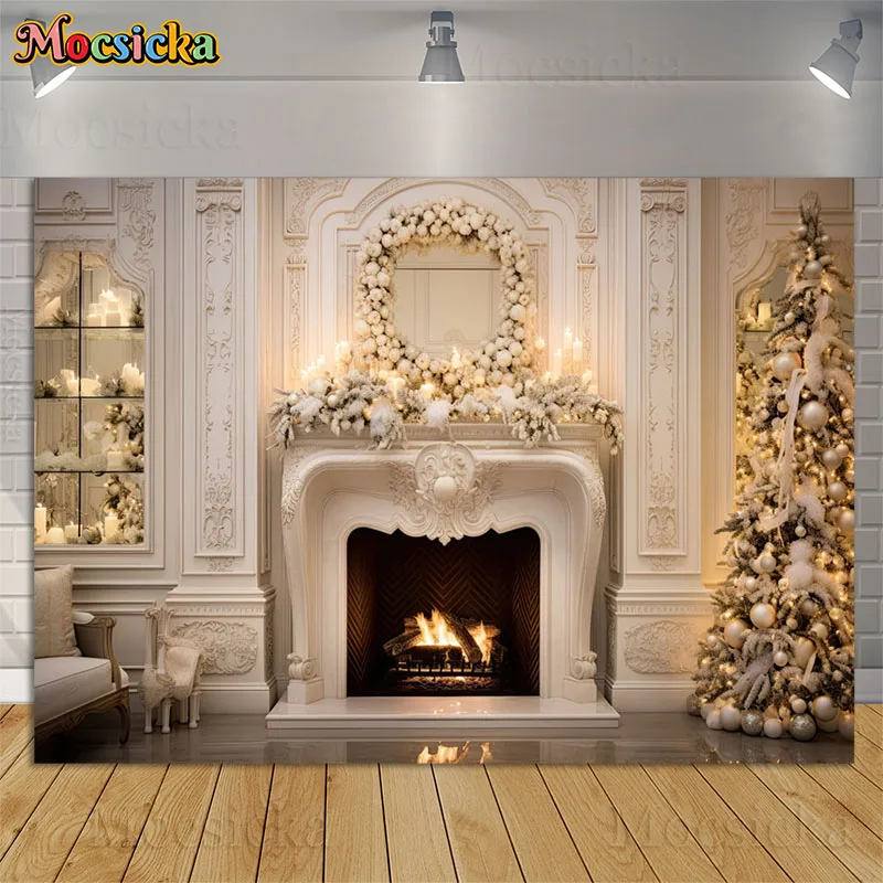 Fondo de fotografía de chimenea de Navidad para interiores, accesorios decorativos de invierno, árbol de Navidad, retrato familiar para niños, telones de fondo para estudio fotográfico