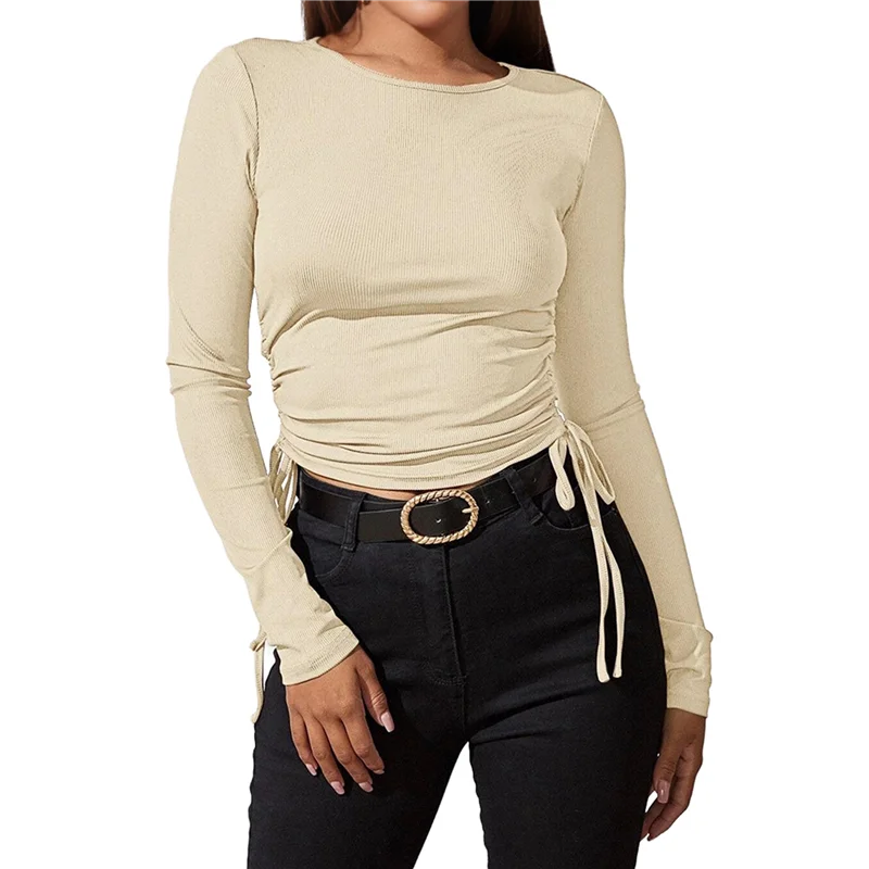 

FX-Women's Crewneck Long Sleeve Side Drawstring Crop Tops Slim Ribbed Shirt