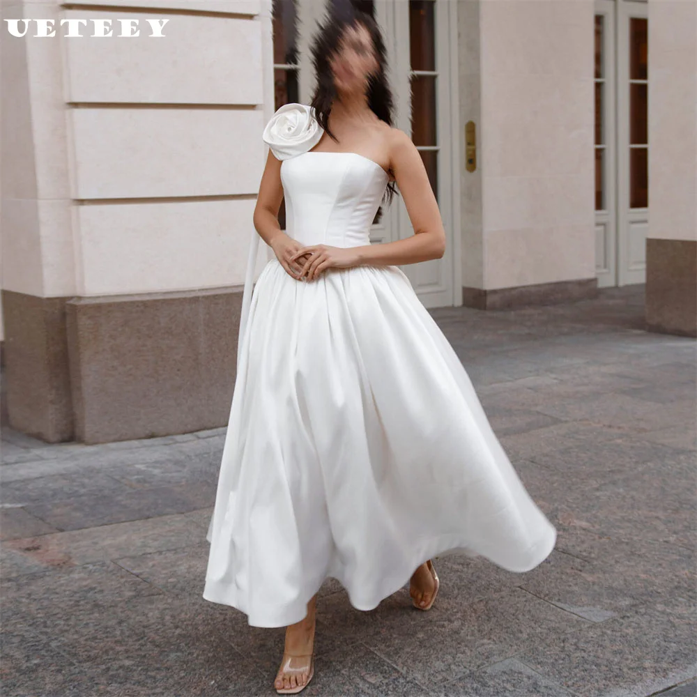

UETEEY Customized Flowers One Shoulder Satin A Line Wedding Dress Simple Zipper Back Ankle Length Court Train Bridal Gown
