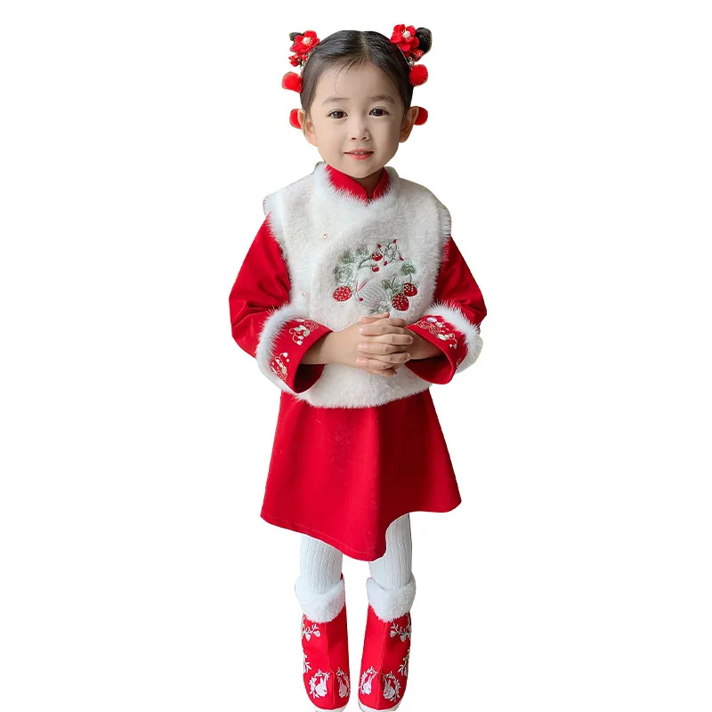 Kinder Winter Neue Jahr Outfits Baumwolle Kinder Runde Kragen Drachen Stickerei Tang-anzug Mädchen Chinesischen Schöne Dick Und Stepp