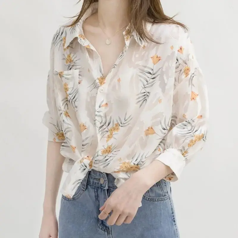 Französischer Stil, elegante, leichte Chiffon-Bluse, Damen-Kragen, florales, trendiges Oberteil