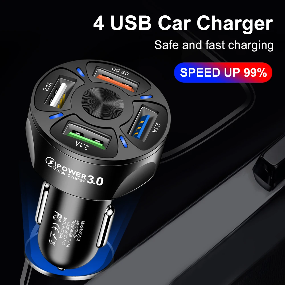 4 USB Car Charger Mobile Phone Charger QC 3.0 for iPhone Xiaomi Samsung Oneplus Universal Adapter in Car Fast Charging Charger