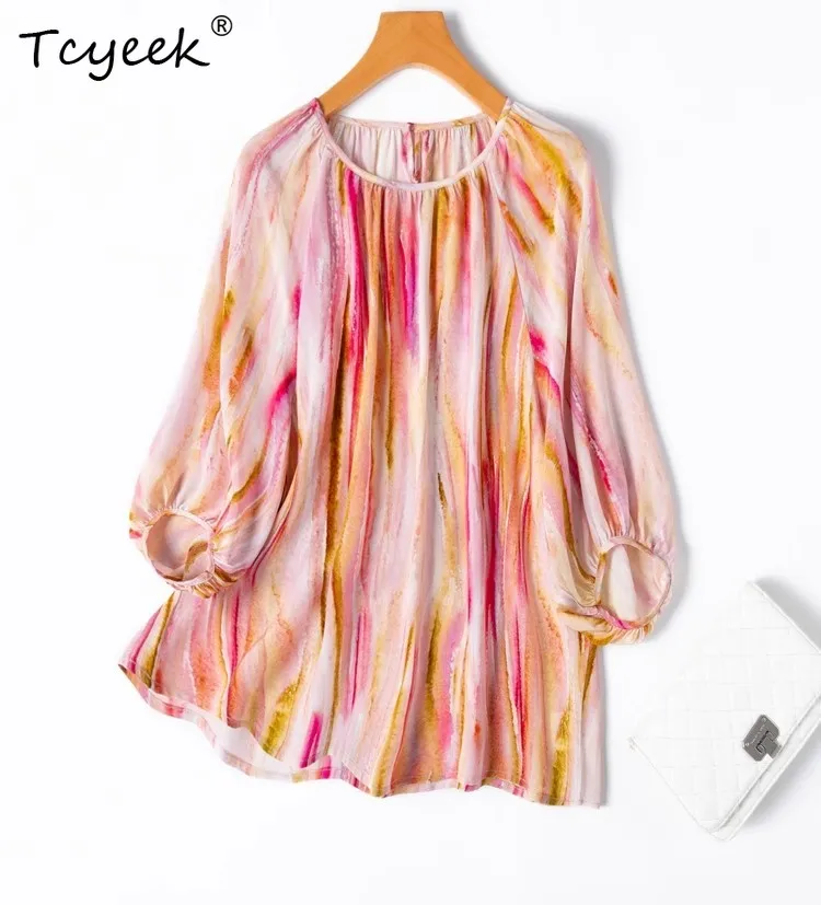 

Tcyeek Women's 100% Mulberry Silk Shirt, Double Crepe O-Neck Printing Lantern Sleeve Loose Clothing,2025 Summer T55814JF