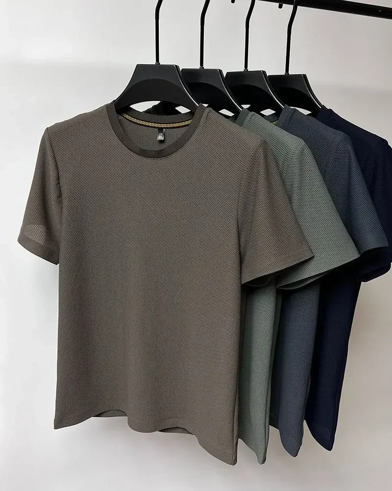 Summer Ice Silk Mesh T-Shirt Men Short Sleeve Round Neck Casual Breathable Hollow Sweat-absorbing Thin Solid Tees Top