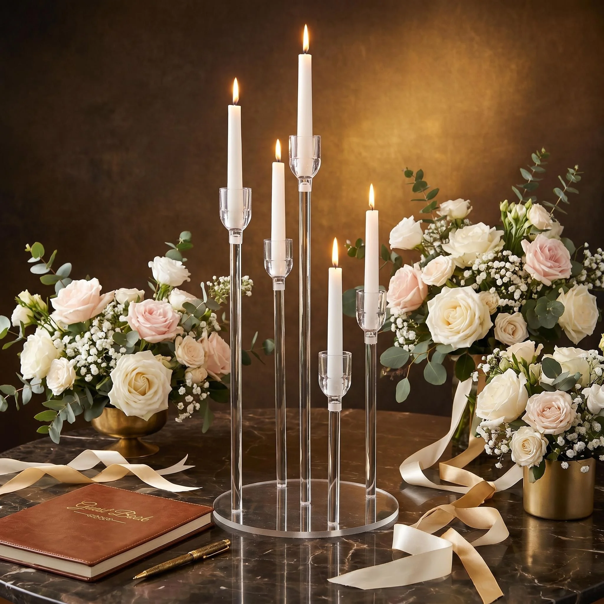 Elegant 5-Tier Acrylic Candelabra Clear LED Taper Candle Holder Stable Wide Base Candlestick for Party & Banquet Centerpieces