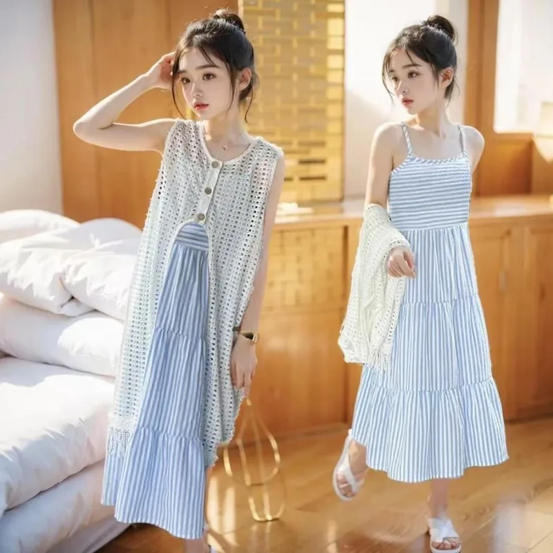 Summer Sleeveless Beach Holiday Gown for Girls 5-14Y Kids Fashion Dress Sweet Teenager Clothing Set New 2026
