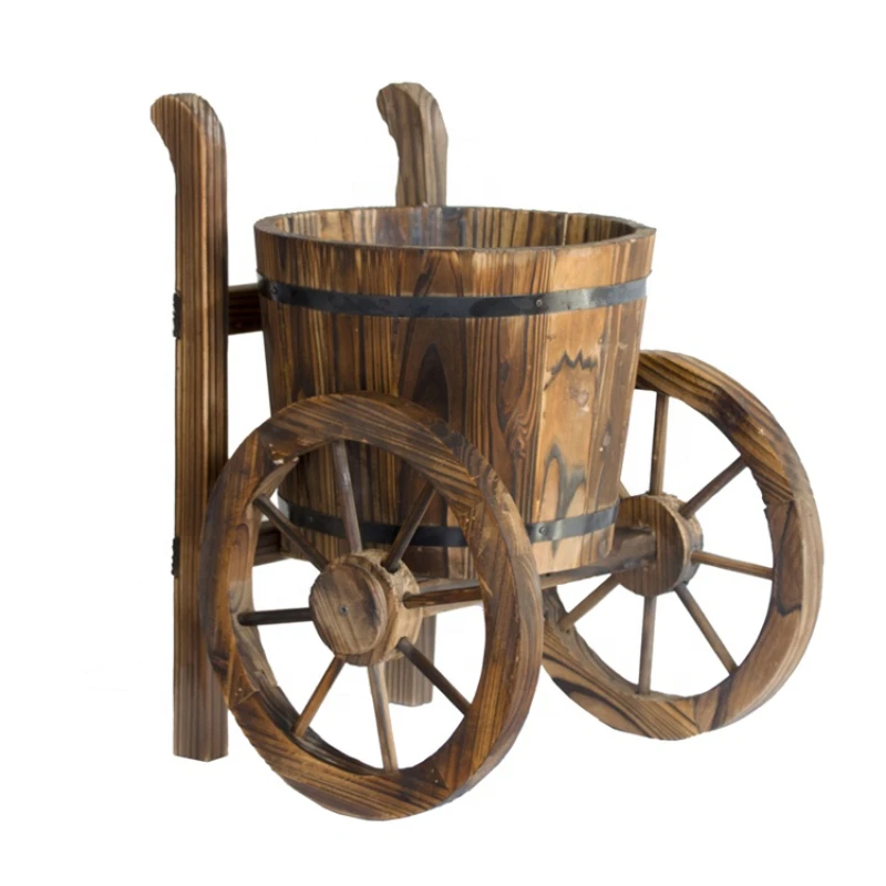 Wagon Planter Old Style for Garden Decor Large Barrel Wooden Wood Fir American Style Wooden Planter with Plastic Bag Support