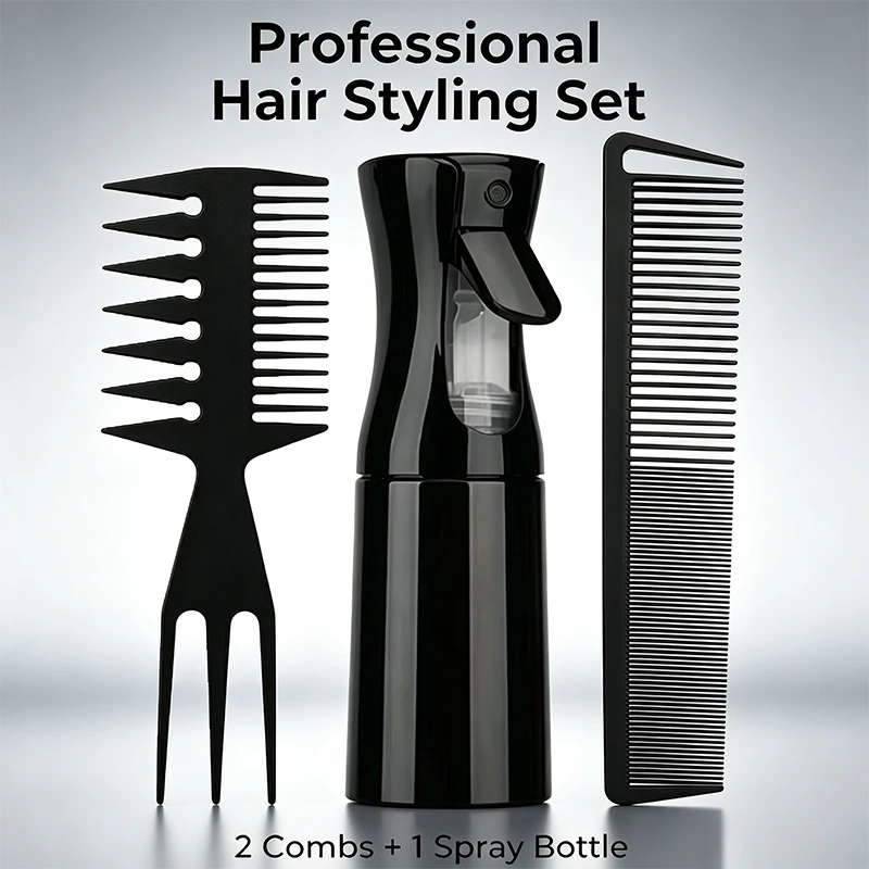 3 Piece Hair Brush Comb Set with Spray Bottle & Fishbone Comb, Ergonomic Non-slip Grip, Wet Dry Use for All Hair Types Styling