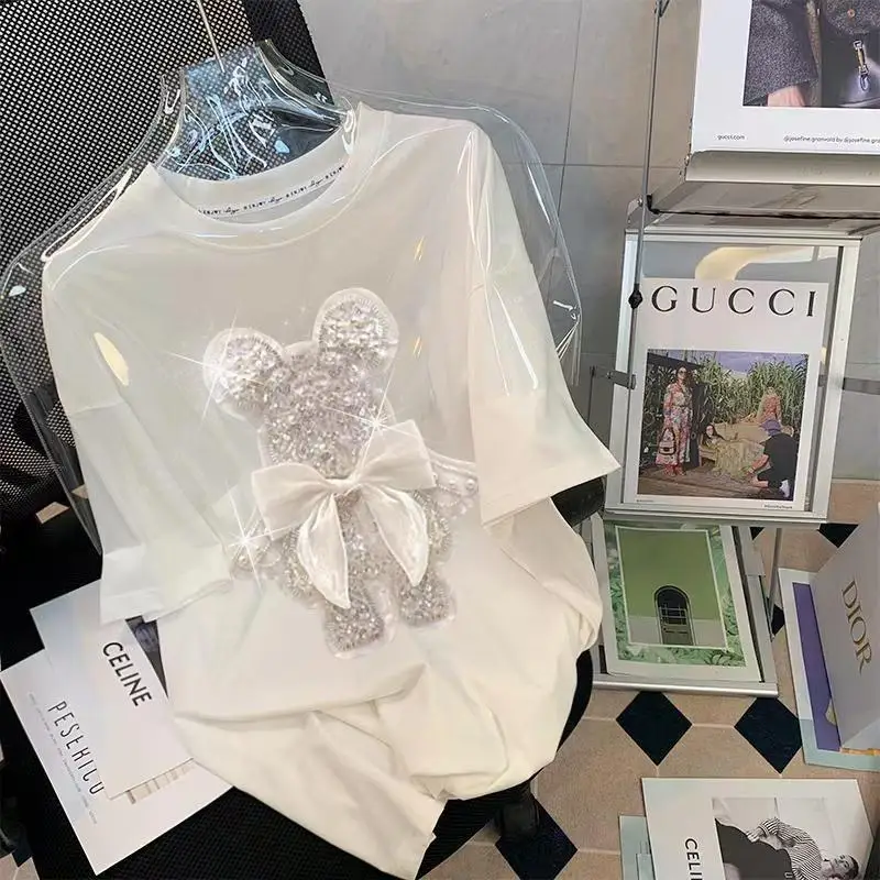 Sweet Pink Cotton T-shirt Heavy Handmade Diomand Shiny Bowknot Bear Cartoon Graphic T Shirt Summer Tees Top Accessories Clothes