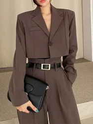 Women's Long-Sleeved Short Coat High Waist Wide Leg Trousers Two-Piece Suit Office Women's Retro Casual Two-Piece Suit