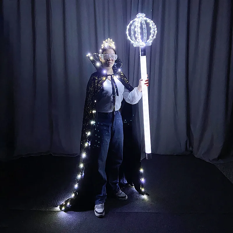 LED Cloak Cape Queen King Halloween Cosplay Costume Light Up Clothes Crown Men Women Nightclub Party Dress Up Winner Props 2024