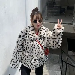 Cute Cute Fur Warm Coat Loose and Soft Short Black and White Leopard Dot Faux Fur Square Collar Coat