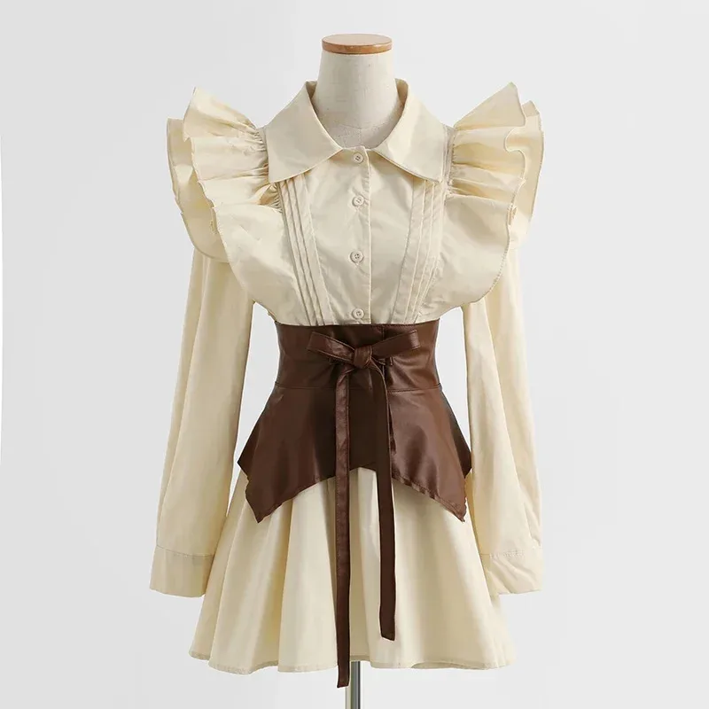 Gaun Kemeja Lengan Panjang Antik Perancis Gaun Pendek A-Line Lengan Puff Musim Semi Wanita Set 2 Potong Mode Pakaian Wanita Dsss