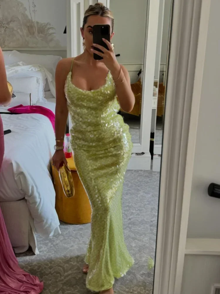 Green Sexy Backless Sequins Maxi Dress Women Elegant Off Shoulder Square Neck Bodycon Party Gown Summer Chic Lady Evening Robe