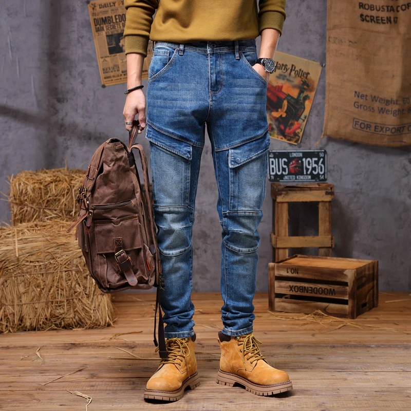 Autumn and winter retro trend slim fit elastic splicing multi pocket motorcycle small leg jeans for men clothing skinny jeans