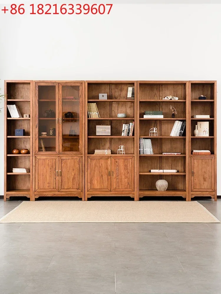 Solid Wood Bookcase Old Elm Floor Storage Bookshelf Glass Bookcase with Door