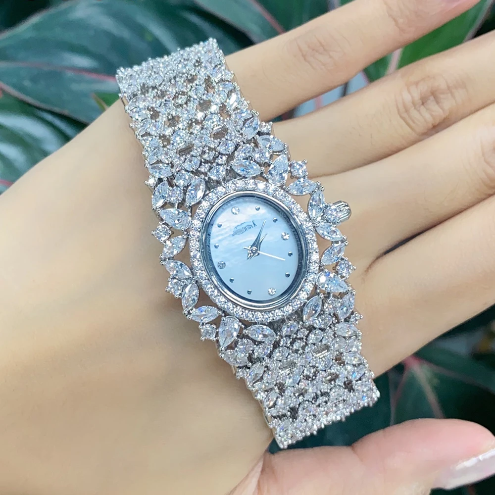 

018901 Luxury Women's Watches 19cm Cubic Zircon Crystal Bracelet Watch for Wedding Party Fashion Bride Watches Jewellery Set