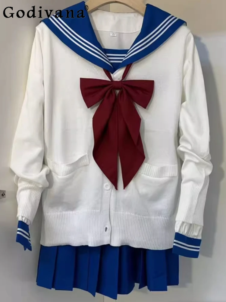 

Японский Jk, милый темно-синий воротник, свитер для колледжа с длинными рукавами, модная возрастная рубашка, милые комплекты плиссированной юбки с высокой талией для девочек