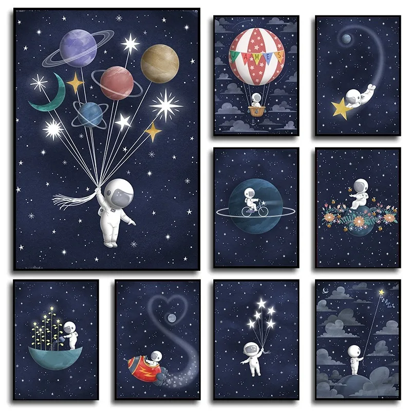 Póster de dibujos animados de astronauta con temática espacial, Luna y estrellas, azul marino, noche estrellada, pared, espacio exterior, pintura en lienzo, decoración para guardería de niños