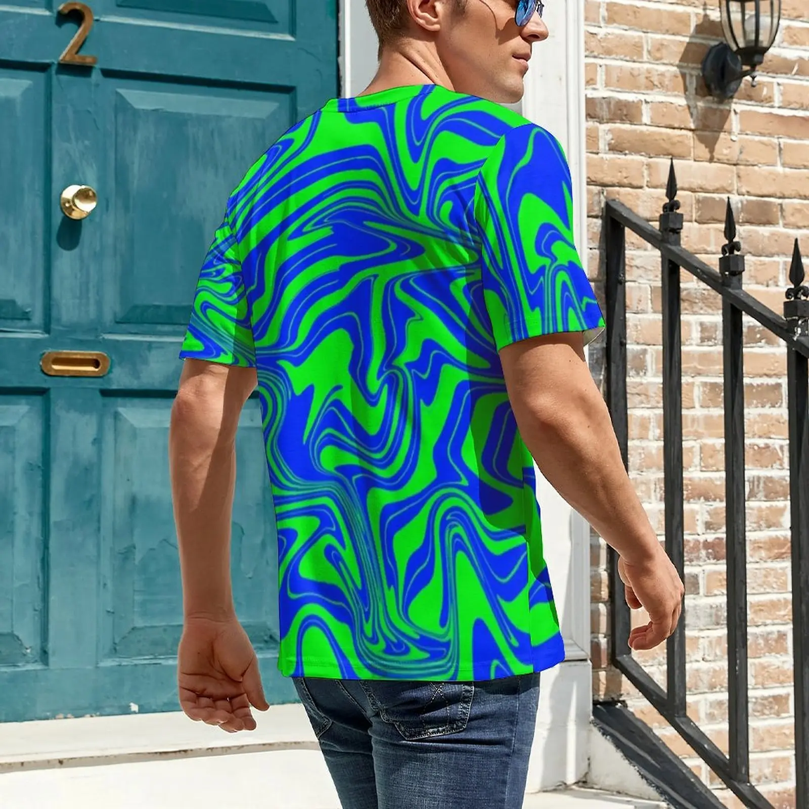 Big Size T-Shirt Summer Green Liquid Swirl T Shirts Blue Abstract Art Print Kawaii O Neck Tee Shirt Men Trendy Graphic Clothes