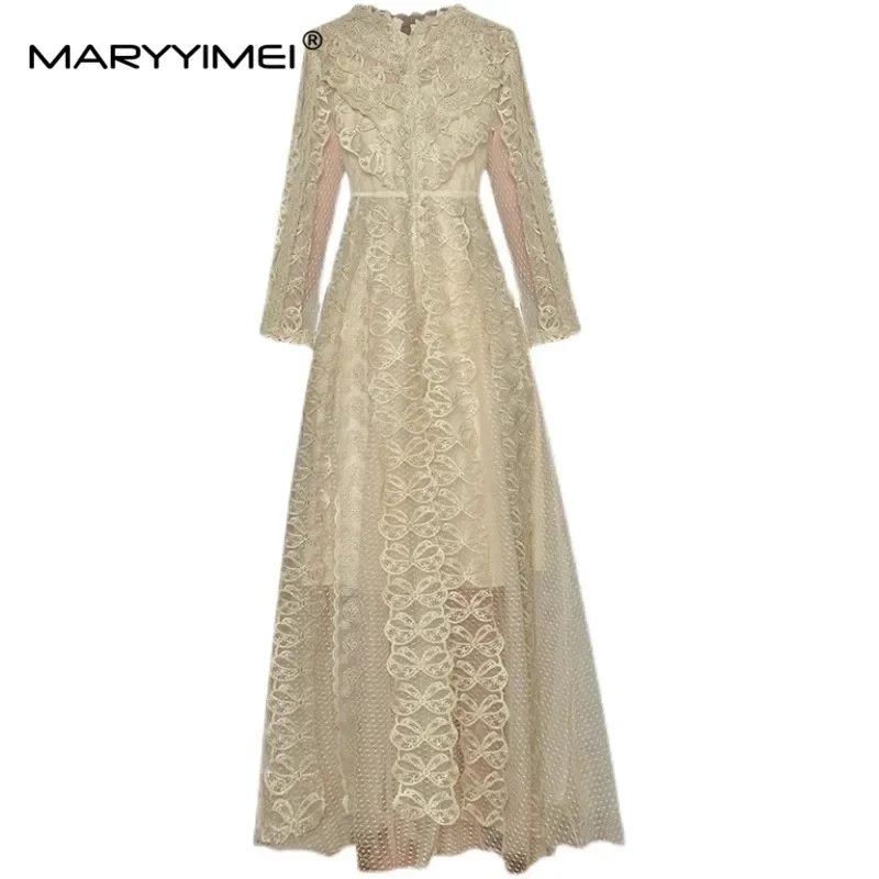 

MARYYIMEI Fashion Designer Women's Autumn dress V-neck Long sleeved Luxury Gold Thread Embroidery Mesh Elegant Maxi Dresses