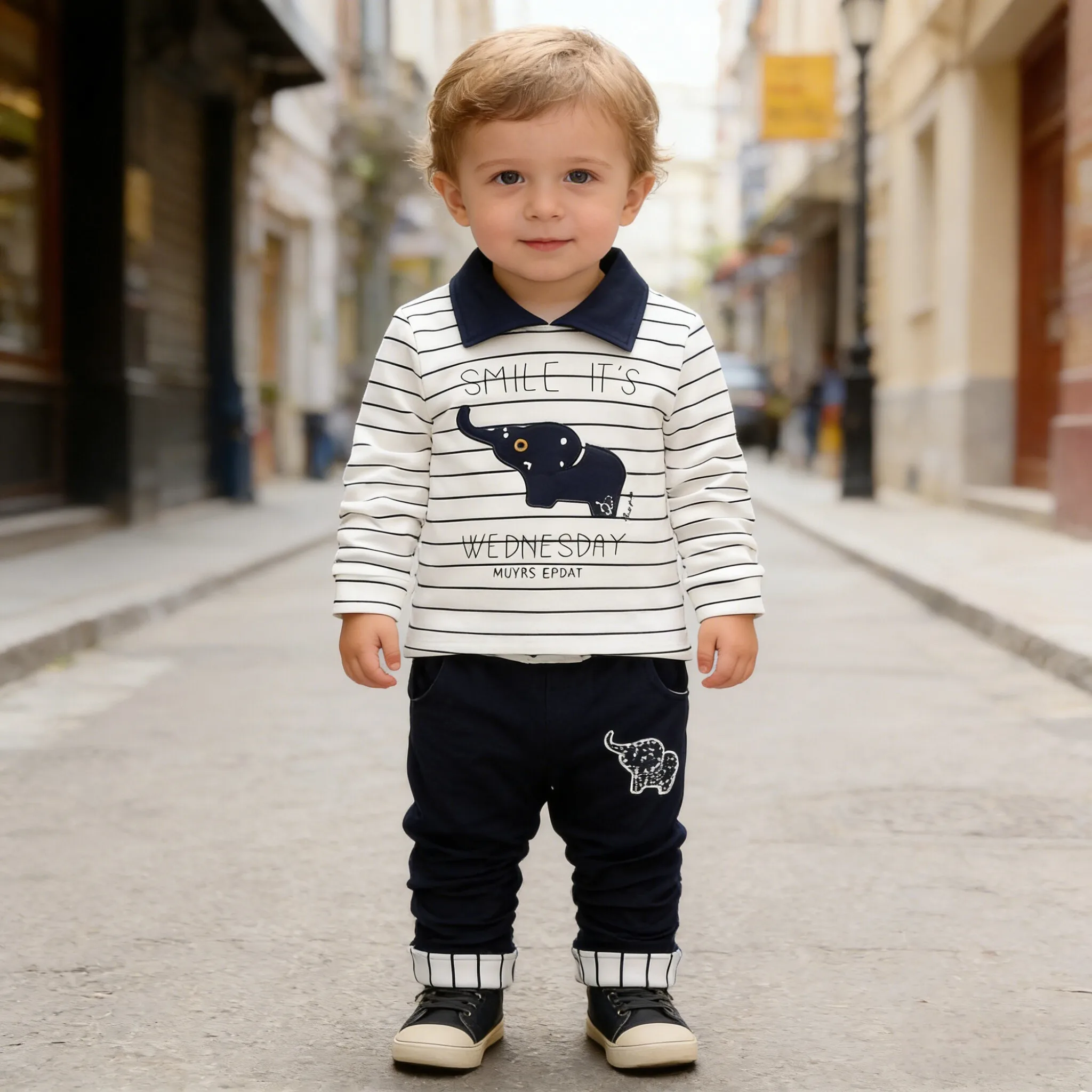 Toddler Boys 2Pcs Outfit Set Striped Elephant Print Lapel Long Sleeve T-shirt Elastic Waist Pants Kids Casual Daily Clothing Set